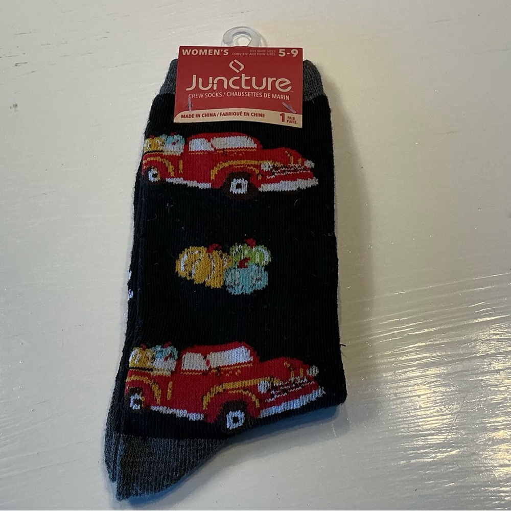 Juncture Women's Black Socks with Red Truck Design